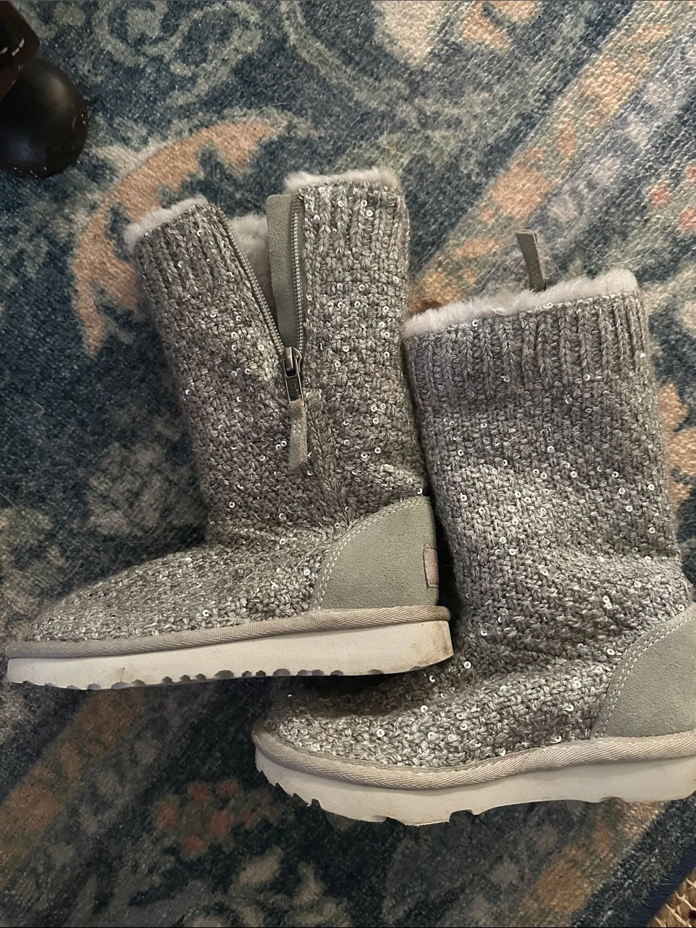 Ugg Girls Sequined Knit Winter Boots in Light Gray